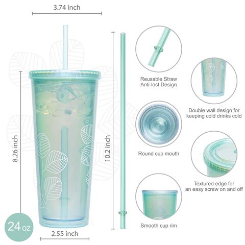 Vaso de plástico reutilizable de doble pared de 24 oz con tapa y pajita - Taza de viaje para bebidas