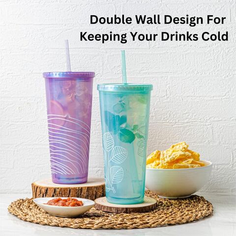 Vaso de plástico reutilizable de doble pared de 24 oz con tapa y pajita - Taza de viaje para bebidas