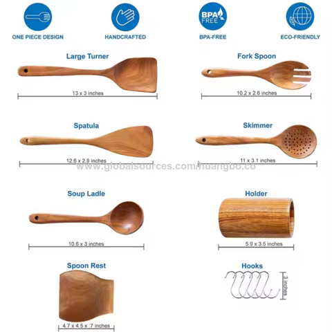 Conjuntos de utensílios de cozinha de madeira de acácia natural baratos e personalizados por atacado: colheres e espátulas com fenda para utensílios de cozinha