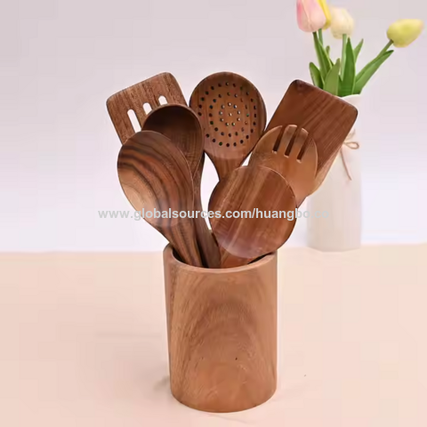Conjuntos de utensílios de cozinha de madeira de acácia natural baratos e personalizados por atacado: colheres e espátulas com fenda para utensílios de cozinha