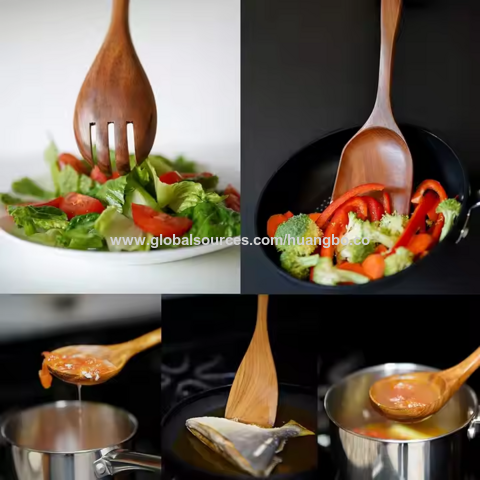 Conjuntos de utensílios de cozinha de madeira de acácia natural baratos e personalizados por atacado: colheres e espátulas com fenda para utensílios de cozinha