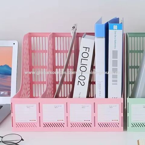 Organizador de escritorio vertical de plástico para archivos, combinación de archivadores, revistero de cuatro secciones, estantería de oficina