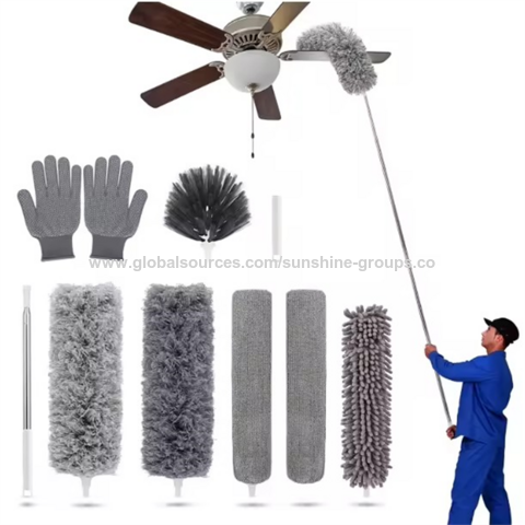 Haste telescópica espessada atualizada, espanador de chenille de microfibra multi-cabeça, escova de pó de teto, espanador de penas