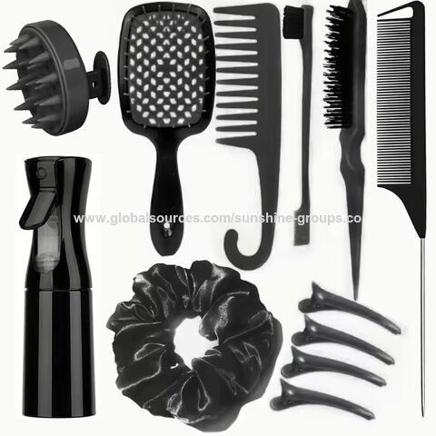 Juego de herramientas de peluquería: cepillo para el cabello, peine de cola, cepillo para bordes, masajeador de cuero cabelludo de silicona, cepillo de champú para ducha, pulverizador, herramientas de estilismo