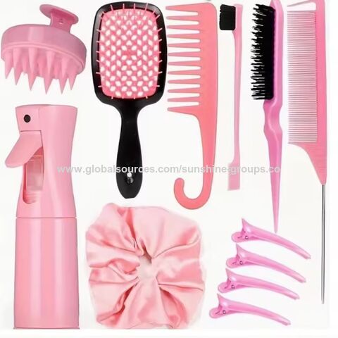 Juego de herramientas de peluquería: cepillo para el cabello, peine de cola, cepillo para bordes, masajeador de cuero cabelludo de silicona, cepillo de champú para ducha, pulverizador, herramientas de estilismo