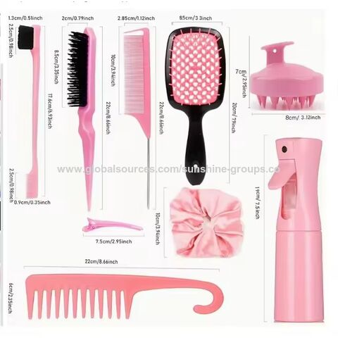 Juego de herramientas de peluquería: cepillo para el cabello, peine de cola, cepillo para bordes, masajeador de cuero cabelludo de silicona, cepillo de champú para ducha, pulverizador, herramientas de estilismo