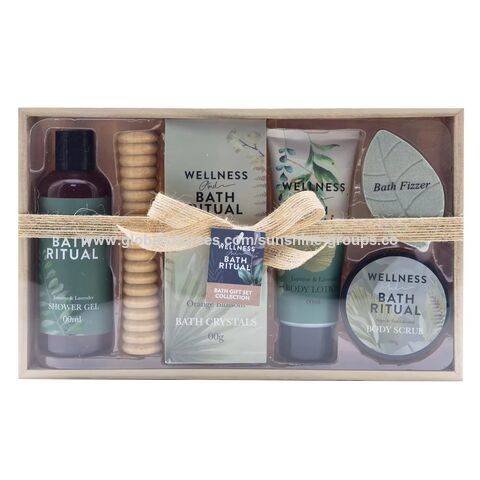 6-teiliges Großhandel-Körperreinigungs-, Peeling-, Entspannungs-, Spa-, Massage-, Blasen-, Hotel-Badezimmer-Dusch-Geschenkset im Holzkasten
