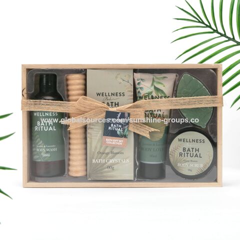 6-teiliges Großhandel-Körperreinigungs-, Peeling-, Entspannungs-, Spa-, Massage-, Blasen-, Hotel-Badezimmer-Dusch-Geschenkset im Holzkasten