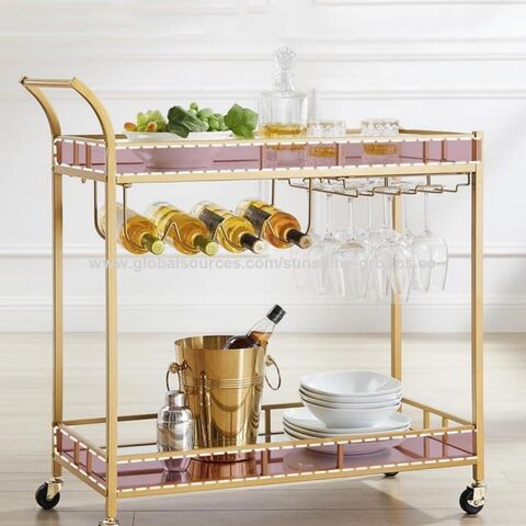 Carrinho de Bar Industrial de Luxo Dourado, Carrinho de Cozinha para Vinho com Rodas, Carrinho de Serviço