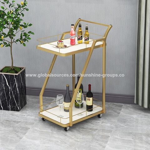 Chariot de service à café et thé moderne, bar mobile en acier inoxydable et verre trempé pour le service du vin