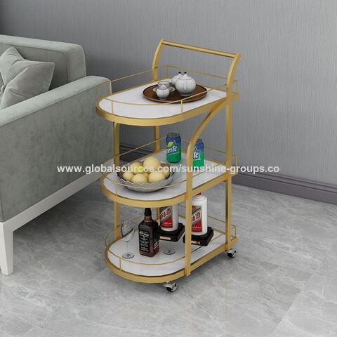 Chariot de service à café et thé moderne, bar mobile en acier inoxydable et verre trempé pour le service du vin