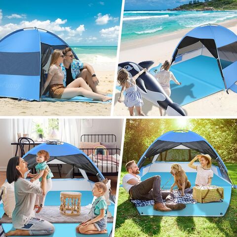 Grande Tente de Plage Facile à Installer, Abri Anti-UV avec Auvent Pare-Soleil avec Plancher Étendu et 3 Fenêtres en Maille Enroulables, Convient pour 3-4 Personnes, Portable