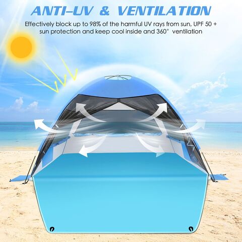 Grande Tente de Plage Facile à Installer, Abri Anti-UV avec Auvent Pare-Soleil avec Plancher Étendu et 3 Fenêtres en Maille Enroulables, Convient pour 3-4 Personnes, Portable