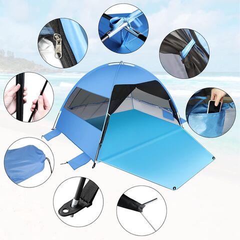 Grande Tente de Plage Facile à Installer, Abri Anti-UV avec Auvent Pare-Soleil avec Plancher Étendu et 3 Fenêtres en Maille Enroulables, Convient pour 3-4 Personnes, Portable