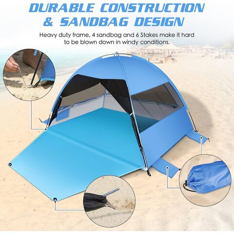 Grande Tente de Plage Facile à Installer, Abri Anti-UV avec Auvent Pare-Soleil avec Plancher Étendu et 3 Fenêtres en Maille Enroulables, Convient pour 3-4 Personnes, Portable