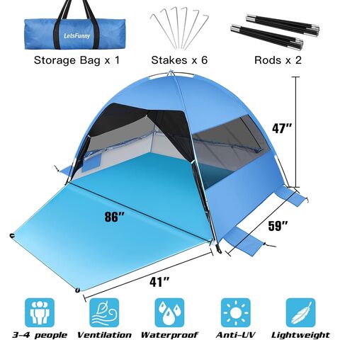 Grande Tente de Plage Facile à Installer, Abri Anti-UV avec Auvent Pare-Soleil avec Plancher Étendu et 3 Fenêtres en Maille Enroulables, Convient pour 3-4 Personnes, Portable