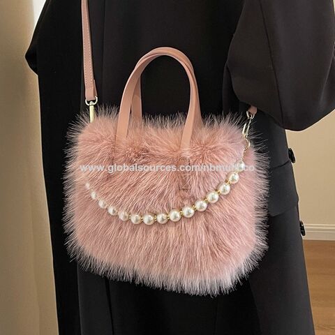 Bolso de mano esponjoso de moda, PU, perla, pequeño bolso cuadrado, cierre de cremallera, bandolera de un solo asa para mujer, otoño invierno