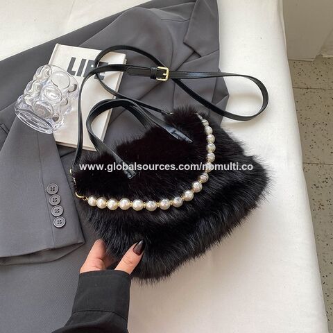 Bolso de mano esponjoso de moda, PU, perla, pequeño bolso cuadrado, cierre de cremallera, bandolera de un solo asa para mujer, otoño invierno