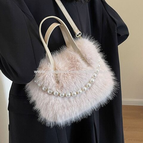 Bolso de mano esponjoso de moda, PU, perla, pequeño bolso cuadrado, cierre de cremallera, bandolera de un solo asa para mujer, otoño invierno