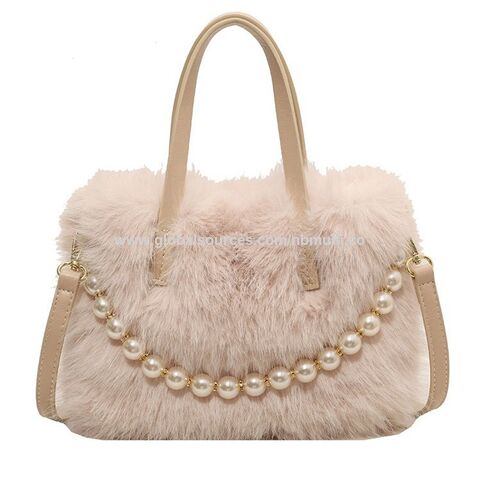 Bolso de mano esponjoso de moda, PU, perla, pequeño bolso cuadrado, cierre de cremallera, bandolera de un solo asa para mujer, otoño invierno