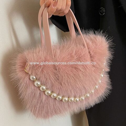 Bolso de mano esponjoso de moda, PU, perla, pequeño bolso cuadrado, cierre de cremallera, bandolera de un solo asa para mujer, otoño invierno
