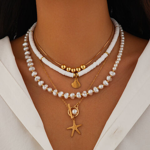 Collar bohemio de perlas de imitación para fiestas, collar vintage con cuentas de estrella de mar y concha, conjunto de gargantilla, juegos de joyería de conchas