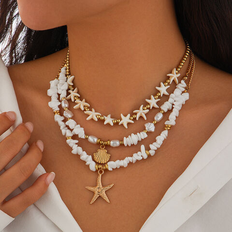 Collar bohemio de perlas de imitación para fiestas, collar vintage con cuentas de estrella de mar y concha, conjunto de gargantilla, juegos de joyería de conchas