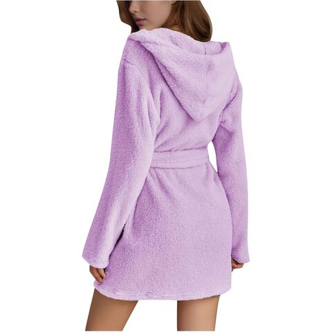 Robe de Lã com Capuz Feminina, Roupão Curto de Pelúcia, Roupão Kimono de Lã Macio e Quente, Roupão de Banho Leve de Inverno com Bolsos