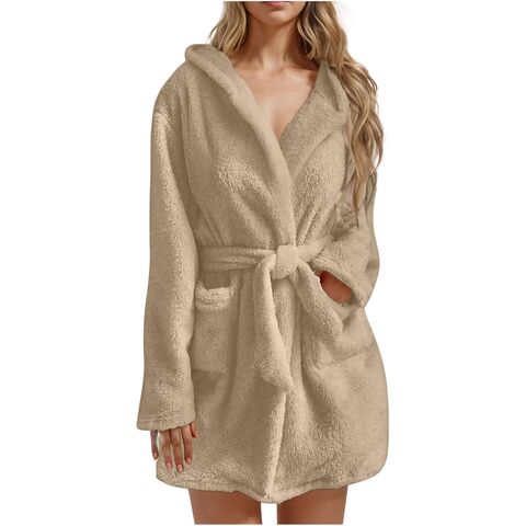 Robe de Lã com Capuz Feminina, Roupão Curto de Pelúcia, Roupão Kimono de Lã Macio e Quente, Roupão de Banho Leve de Inverno com Bolsos