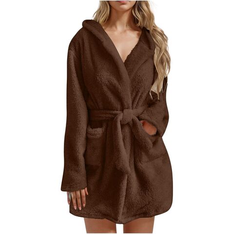 Robe de Lã com Capuz Feminina, Roupão Curto de Pelúcia, Roupão Kimono de Lã Macio e Quente, Roupão de Banho Leve de Inverno com Bolsos