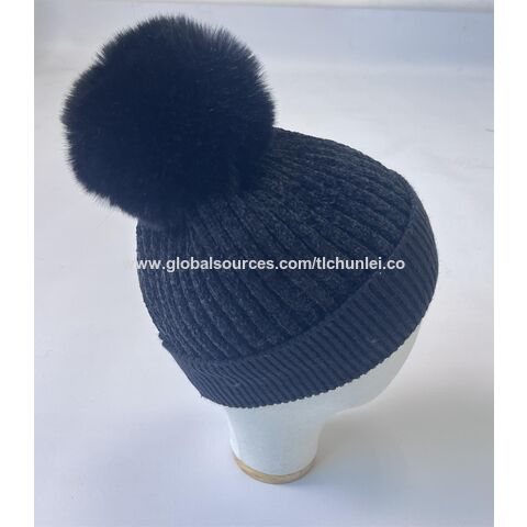 Gorro de Chenilla Negro con Logotipo de Sonrisa y Estilo Personalizado 2025 con Pompón de Piel Superior - Gorros de Invierno al por Mayor