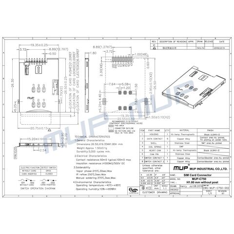 Connecteur de Carte SIM MUP 6PIN + Interrupteur, Type SMT Push-Push pour Traceurs IoT