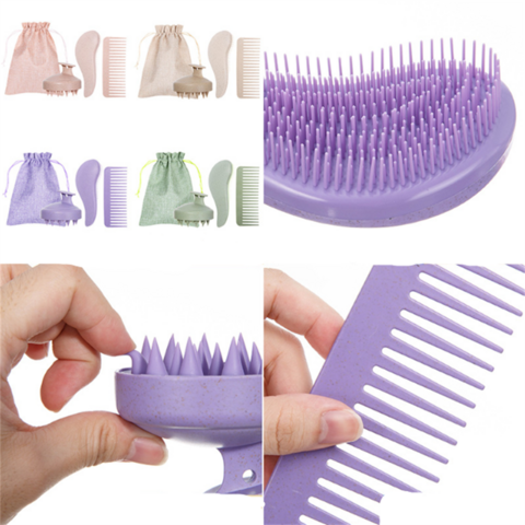 Escova de Massagem para Cuidado Capilar Fresco de Palha, Biodegradável, com Cabo Espesso, Conjunto de Escovas para Lavar o Cabelo