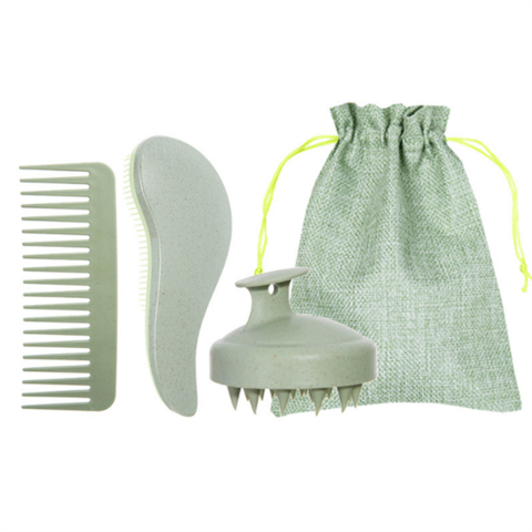 Escova de Massagem para Cuidado Capilar Fresco de Palha, Biodegradável, com Cabo Espesso, Conjunto de Escovas para Lavar o Cabelo