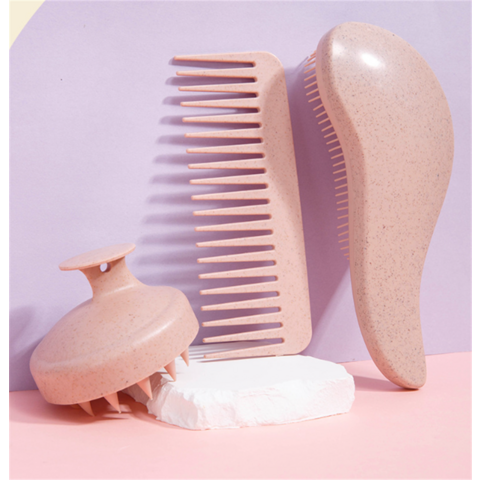 Escova de Massagem para Cuidado Capilar Fresco de Palha, Biodegradável, com Cabo Espesso, Conjunto de Escovas para Lavar o Cabelo