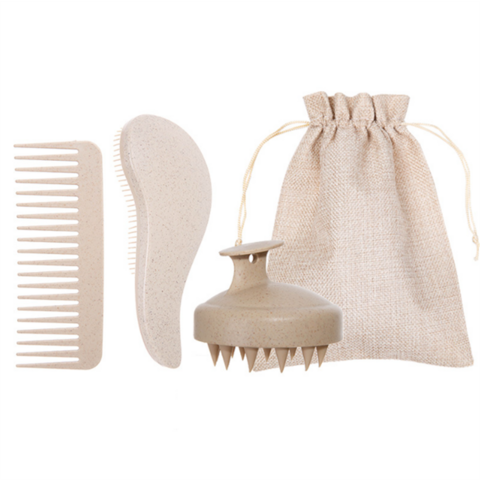 Escova de Massagem para Cuidado Capilar Fresco de Palha, Biodegradável, com Cabo Espesso, Conjunto de Escovas para Lavar o Cabelo