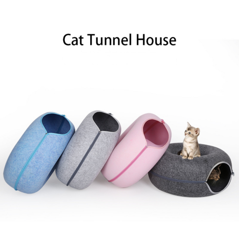 Ninho para Gatos Semifechado em Feltro Durável com Túnel - Cama Resistente para Gatos com Design de Túnel