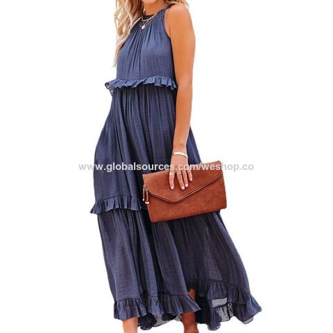 Faldas largas estilo europeo y americano para mujer, colección verano 2025 - Vestido largo de playa con volantes y vuelo amplio, ideal para vacaciones.