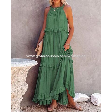 Faldas largas estilo europeo y americano para mujer, colección verano 2025 - Vestido largo de playa con volantes y vuelo amplio, ideal para vacaciones.