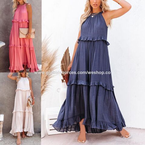 Faldas largas estilo europeo y americano para mujer, colección verano 2025 - Vestido largo de playa con volantes y vuelo amplio, ideal para vacaciones.
