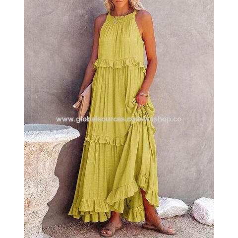 Faldas largas estilo europeo y americano para mujer, colección verano 2025 - Vestido largo de playa con volantes y vuelo amplio, ideal para vacaciones.