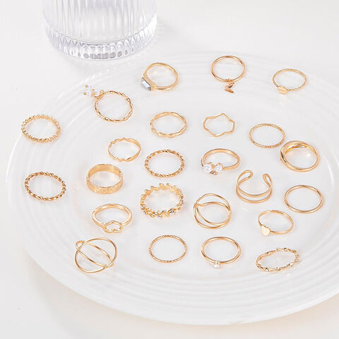 Anillos Apilables al por Mayor Diseño Moderno de Hoja, Ola, Perla y Ojo con Incrustaciones de Diamantes de Imitación para Atuendos Diarios y Accesorios de Fiesta
