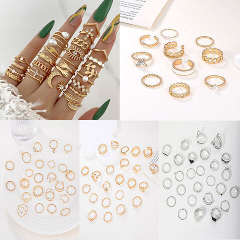 Anillos Apilables al por Mayor Diseño Moderno de Hoja, Ola, Perla y Ojo con Incrustaciones de Diamantes de Imitación para Atuendos Diarios y Accesorios de Fiesta