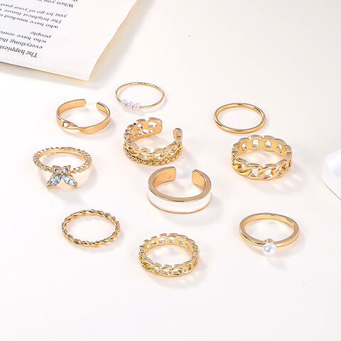Anillos Apilables al por Mayor Diseño Moderno de Hoja, Ola, Perla y Ojo con Incrustaciones de Diamantes de Imitación para Atuendos Diarios y Accesorios de Fiesta