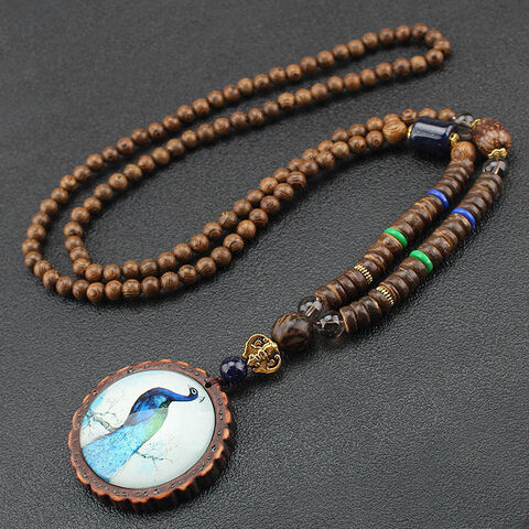 Nouveau Design Mode Collier Ethnique Plume de Paon Bijoux Népalais Long Pull Vintage Fait Main Bois de Santal Mala Collier