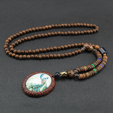 Nouveau Design Mode Collier Ethnique Plume de Paon Bijoux Népalais Long Pull Vintage Fait Main Bois de Santal Mala Collier