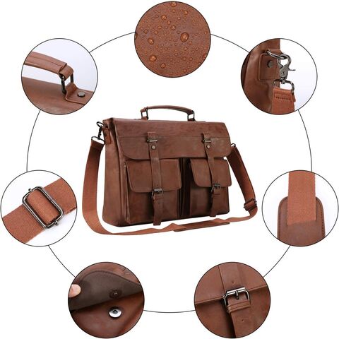Bolso Mensajero de Cuero para Hombre, Maletín Vintage para Laptop de 15.6 Pulgadas
