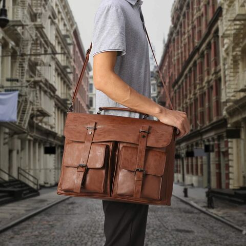 Bolso Mensajero de Cuero para Hombre, Maletín Vintage para Laptop de 15.6 Pulgadas