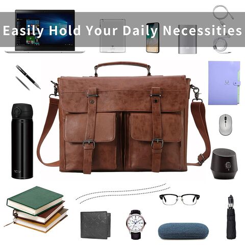 Bolso Mensajero de Cuero para Hombre, Maletín Vintage para Laptop de 15.6 Pulgadas