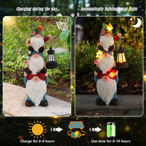 Luces solares de jardín al por mayor, estatua de gnomos apilados con ranas, estatua de gnomos solares de poliresina para decoración exterior